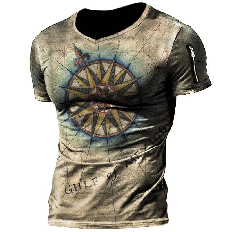 Vintage Men's T-shirt Summer American Shirt Tops Compass Printed Short-sleeve Tees Loose Daily Men Clothing Casual Streetwear 2XL