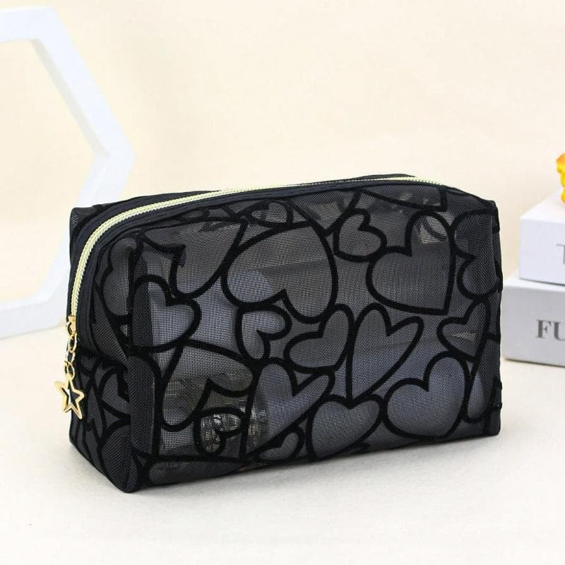 1pc Women Makeup Bag, Mesh Heart Flocked Decor, Fashionable & Minimalist Mesh Heart Design For Daily Use & Travel Makeup Travel Toiletry Organizer black