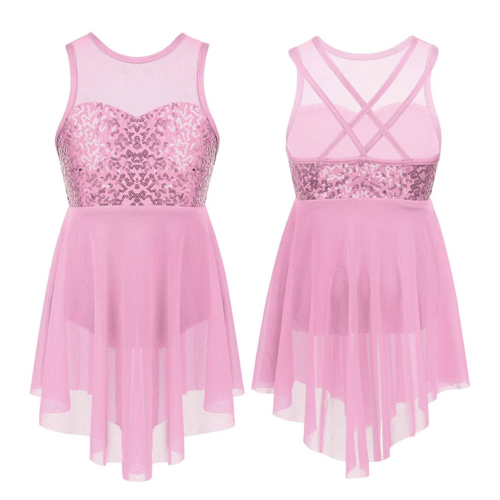 Kids Girls Modern Lyrical Dance Costumes Sleeveless Sequins Criss-Cross Back Ballet Irregular Leotard Dress 7-8 Years pink