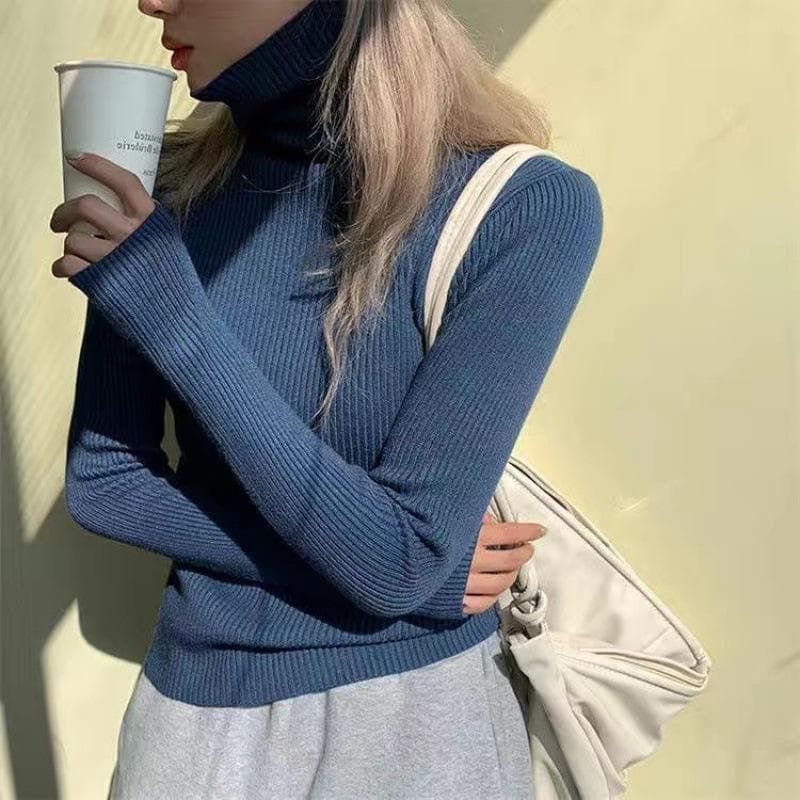 Women heaps collar Turtleneck Sweaters Autumn Winter Slim Pullover Women Basic Tops Soft Knit Sweater Soft Warm Jumper M dark blue