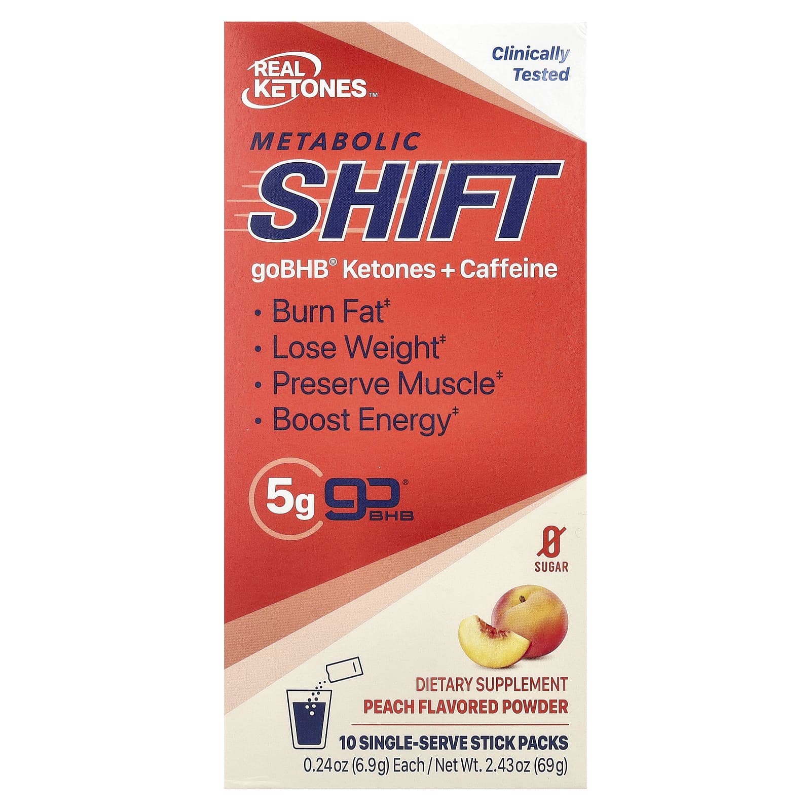 Real Ketones, Metabolic Shift, Peach, Pack of 10 Sticks, 0.24 oz (6.9 g) Each