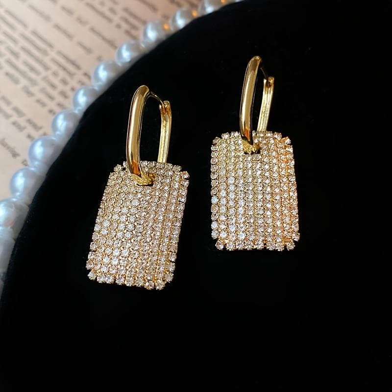 Rectangle Shape Full Shiny Rhinestone Inlaid Dangle Earrings Elegant Luxury Style Banquet Ear Ornaments gold
