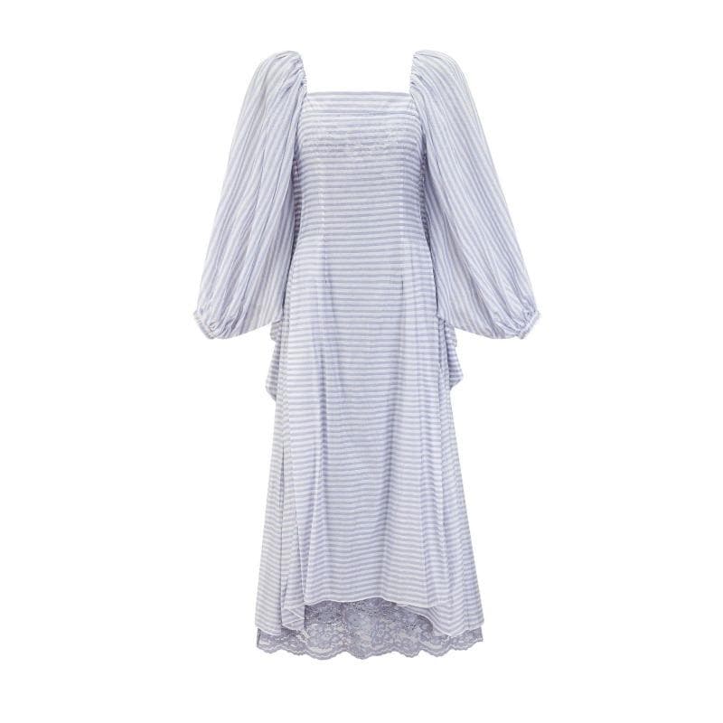 Blue and White Striped Bat Sleeve Long Skirt Temperament Celebrity Style Square Neck Skirt Travel Outfit Autumn Dress L