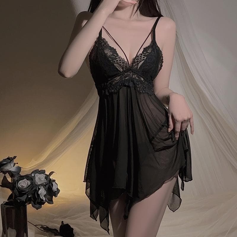 Sexy Pajamas for Women Deep V Floral Lace Mesh Black Mini Dress Women's Casual Comfortable Nightgown Women's Underwear L black