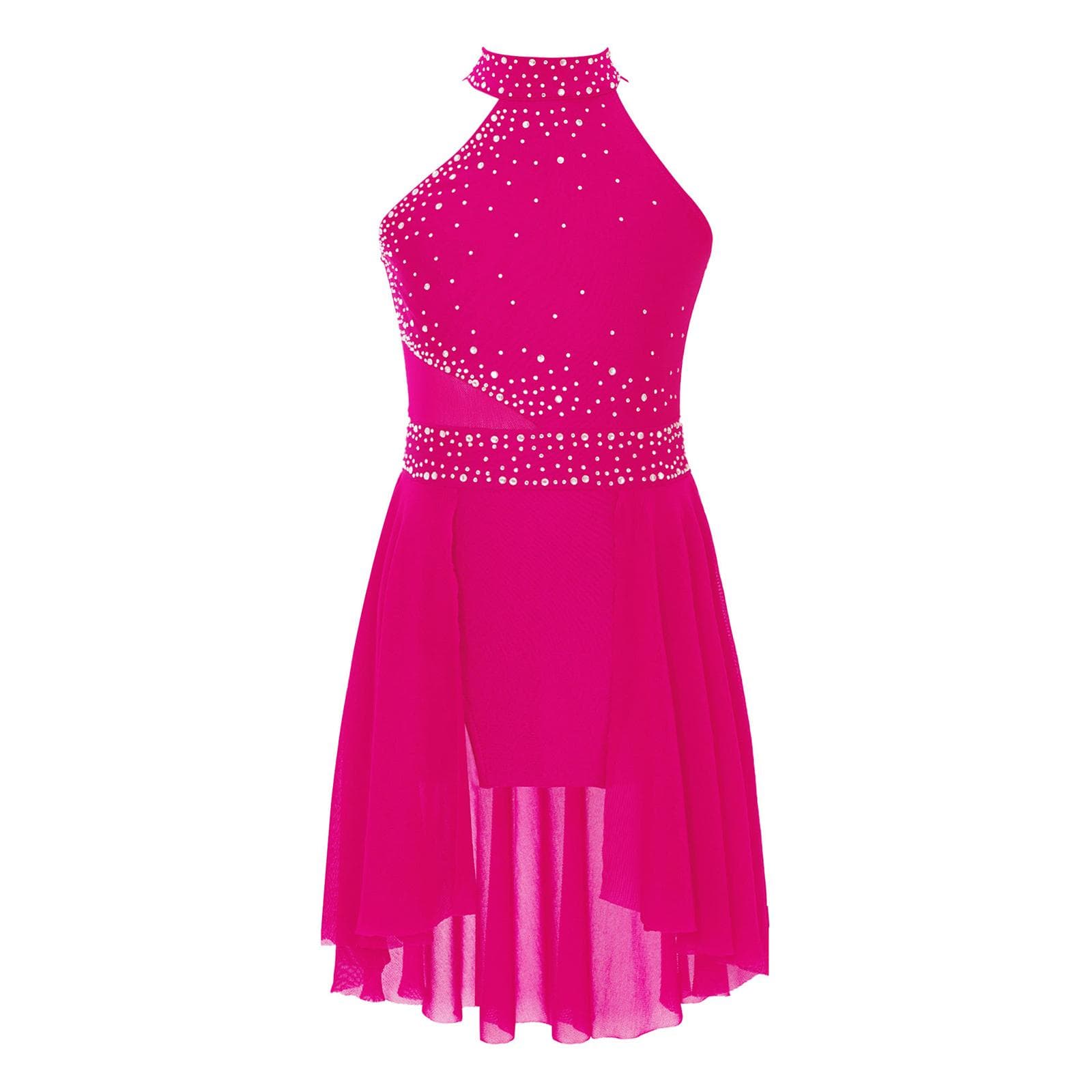 Girls Glittery Rhinestones Leotard Dress Irregular Hem Sleeveless Lyrical Dance Performance Costume 9-10 Years hot pink