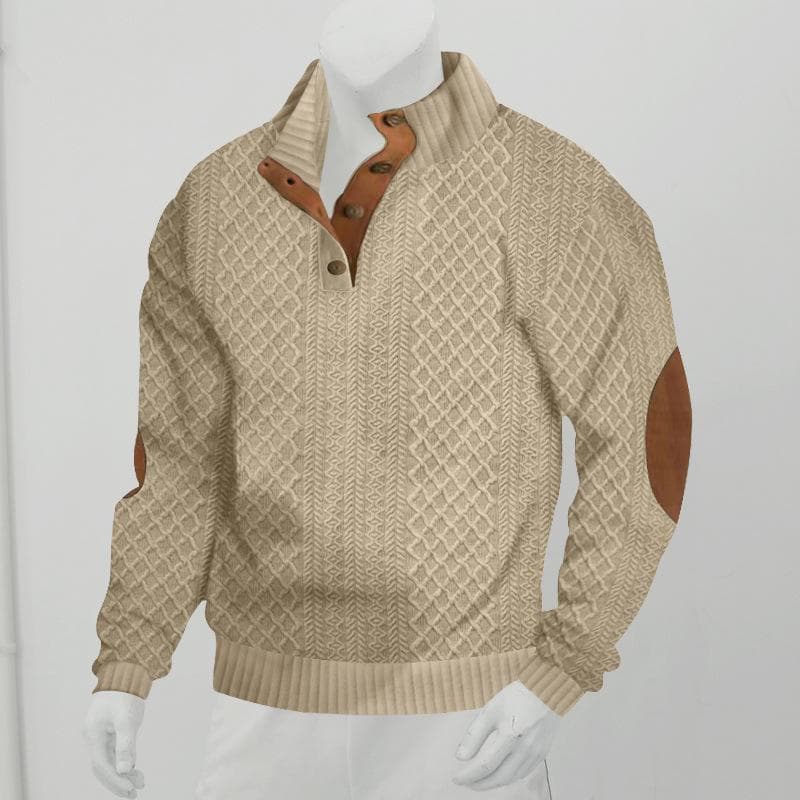 Autumn and Winter Men's Outdoor Casual Standing Collar Long Sleeve Jacquard Knit Pullover Sweatshirt XXXL khaki