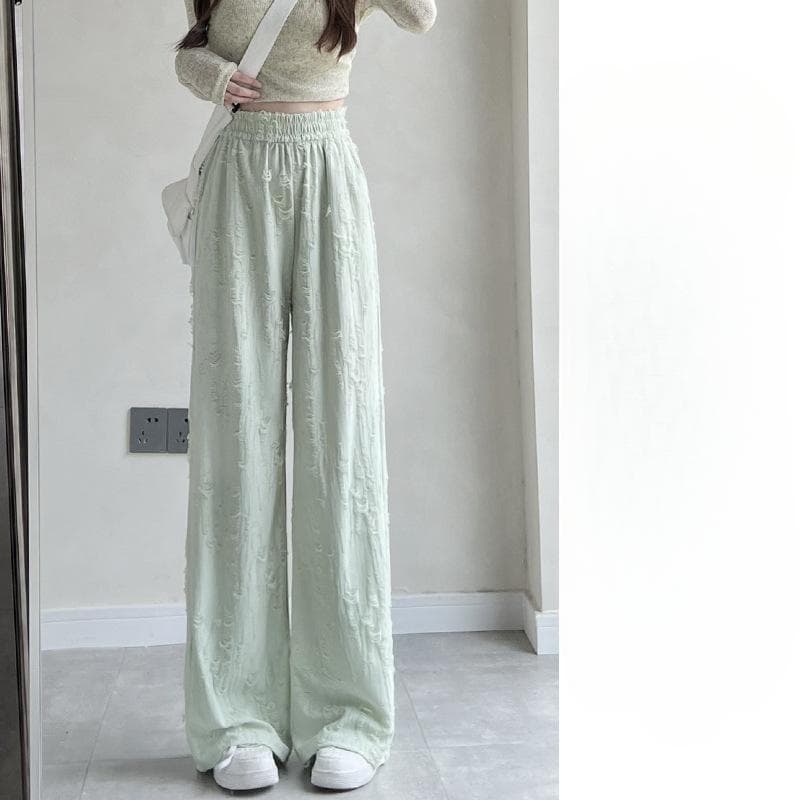 White Ripped Wide-leg Pants for Women In Summer New Design High Waist Drape Slimming Straight-leg Casual Floor Pants XL