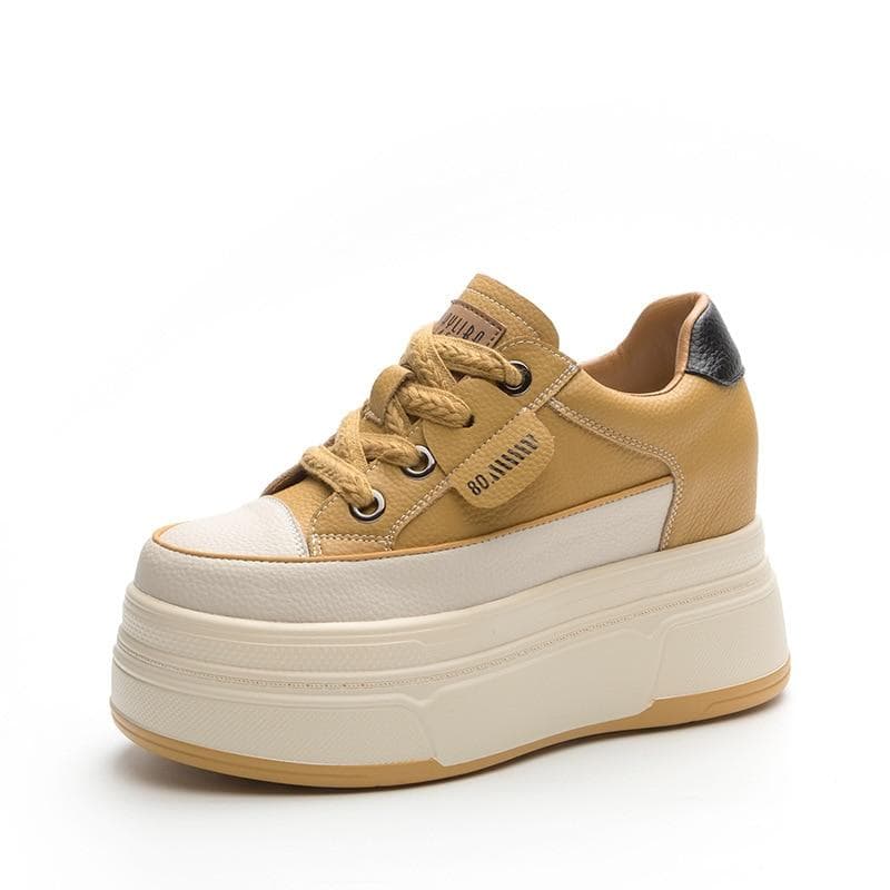 Fujin 9cm Cow Suede Genuine Leather Women Vulcanized Shoes Platform Wedge Skate Boarding High Brand Heels Casual Stable Shoes 33 yellow