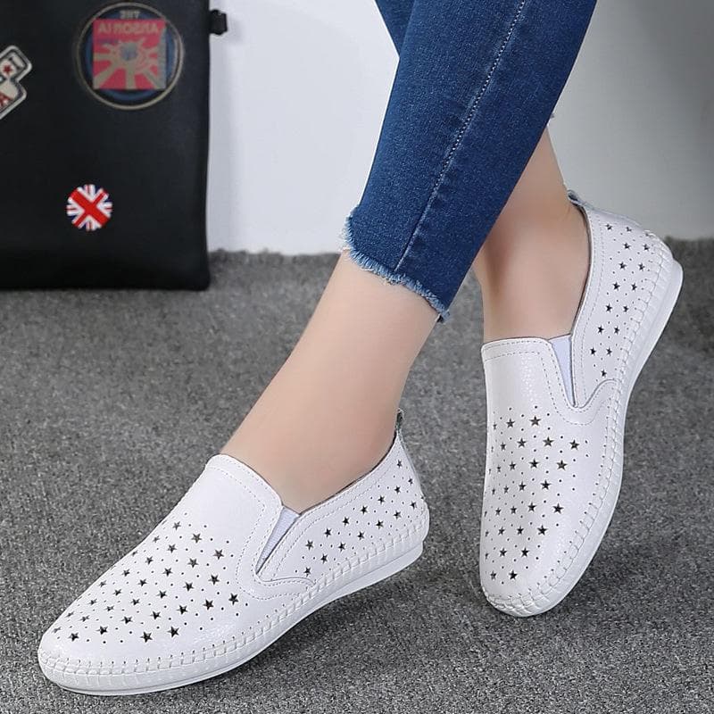 Spring Women Casual Flat Shoes Genuine Leather Ballet Flats Shoes Ladies Cut Out Slip On Brand Loafers Boat Shoes 56ty 38 white