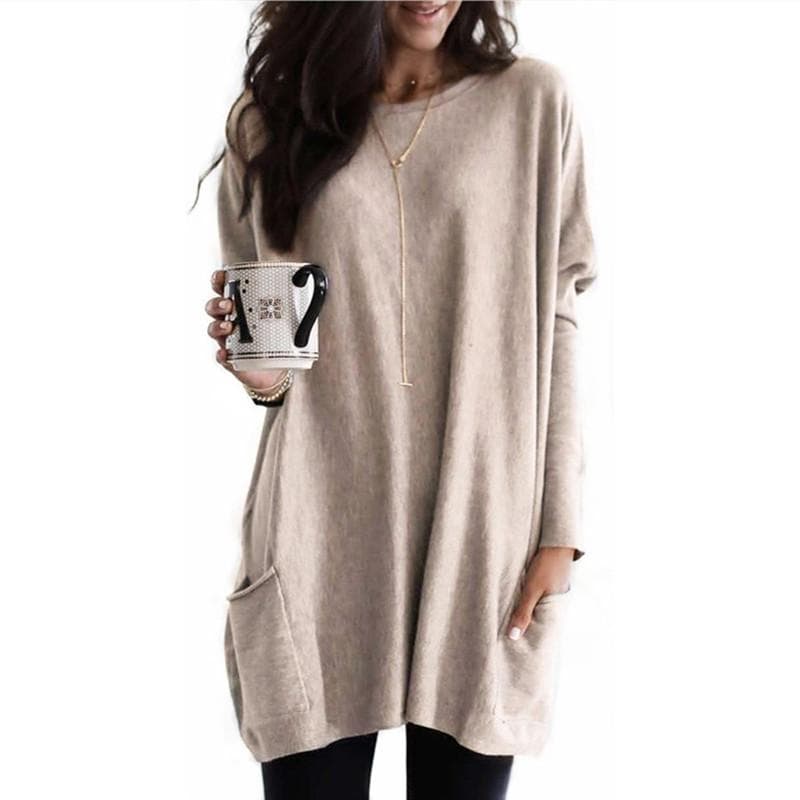 Spring and Autumn Bat Sleeve T-Shirt Women's Bottom Shirt New Casual Crew Neck Pocket Long Sleeve Top 5XL
