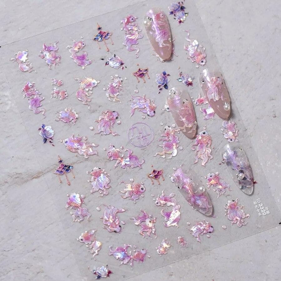 1Pcs Embossed Glitter Fish Nail Art Stickers Pink Yellow Red Self-adhesive Transfer Nail Decorations Slider Decals DIY pink