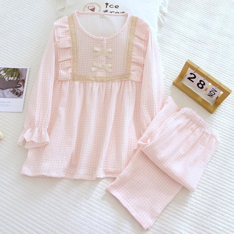 New Japanese Women's Pajama Suit In Spring and Summer of ,pure Cotton Fresh Plaid Casual Long-sleeved Trousers,two-piece Set XL pink
