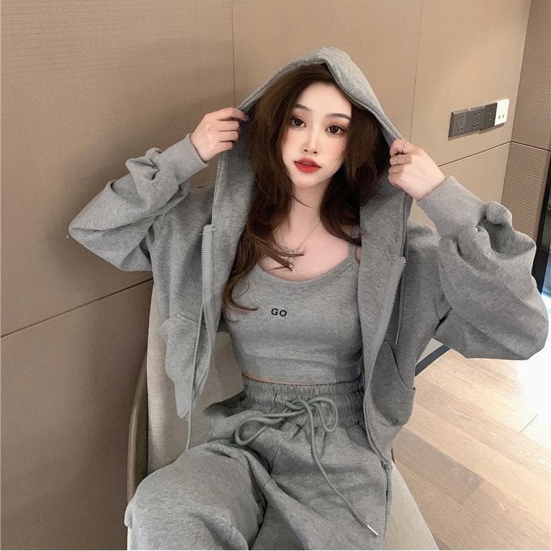 2024 Women's Casual Sports Suit - Hong Kong Style Hooded Sweatshirt, Short Suspenders, Leggings 3-Piece Set M gray