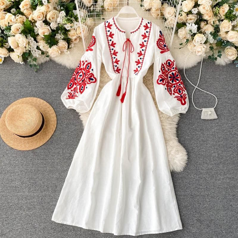 National Style Elegant One Piece Dress Women Flower Print Vintage Party Midi Dress Female Loose Fashion Retro Design Dresses 2024 M white