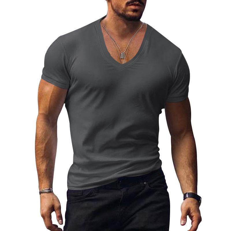 Men's T-shirt White Black Top Men V-neck Solid Large Size Casual Short Sleeve T-shirts XXL dark grey