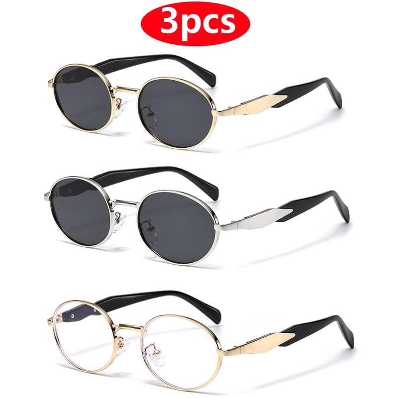 3pcs Fashion Metal Oval Sunglasses Women Retro UV400 Protective Glasses Outdoor Casual Sun Glasses High Quality Men Eyewear