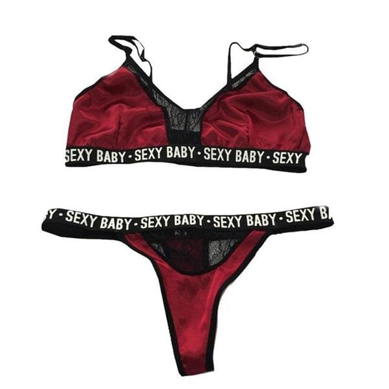 Women Sexy Lingerie Vest Crop Bra Briefs Set Letter Print Lace Patchwork Costumes Female Underwear XL red