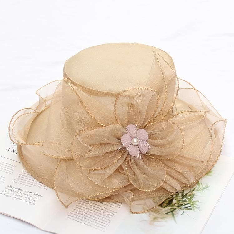 Mesh Flower Organza Sun Hat Wide Brim Derby Hat Solid Color Breathable Elegant Church Hat Wedding Bridal Bucket Hat Beach Hats for Women Adjustable