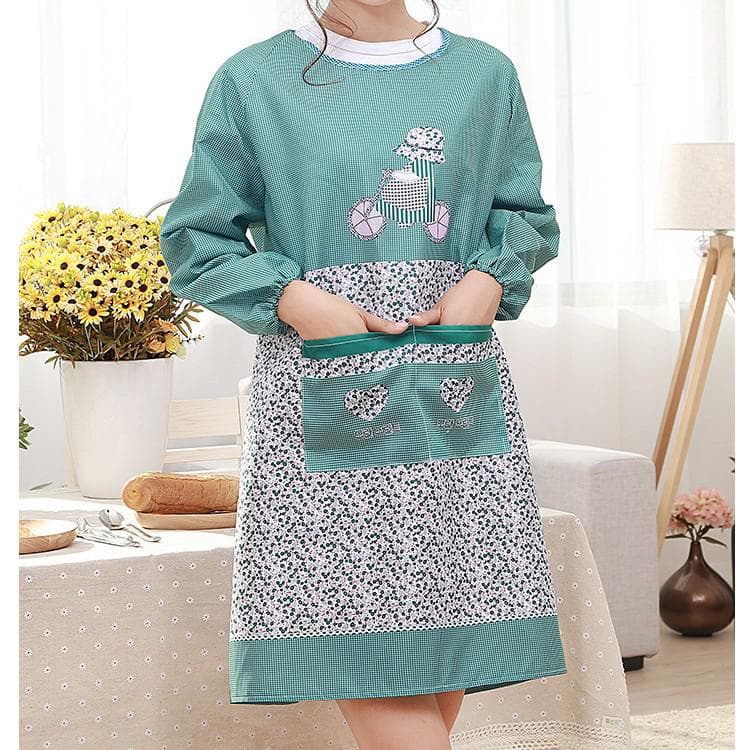 Waterproof & Oil-Resistant Cotton Smock Apron with Long Sleeves, Custom Logo, Back-Wear Design for Adults green