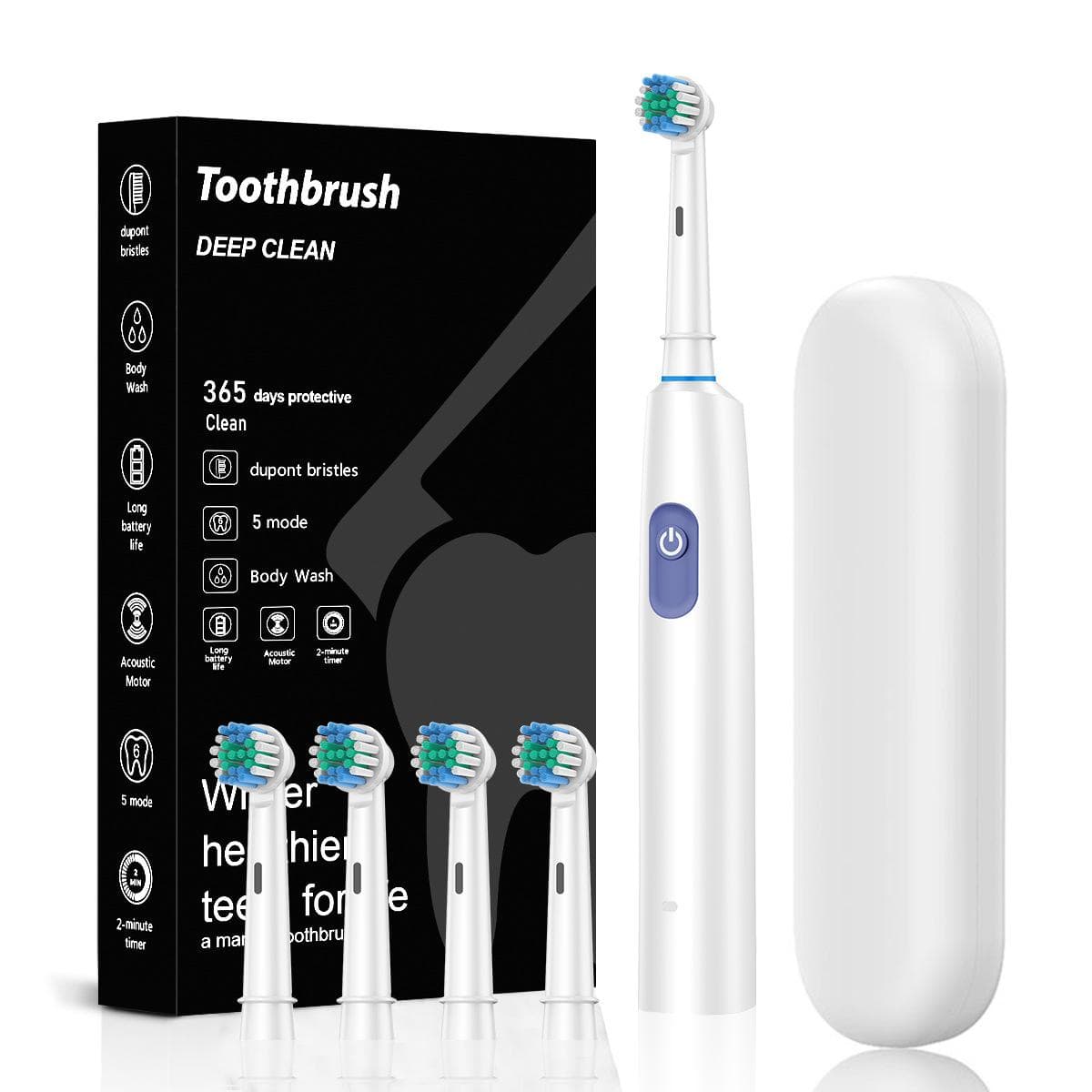 Electric Toothbrush Rotary Rechargeable Electric Tooth Brush For Adults Rotating Electric Teeth Brush with 4 Replacement Heads white