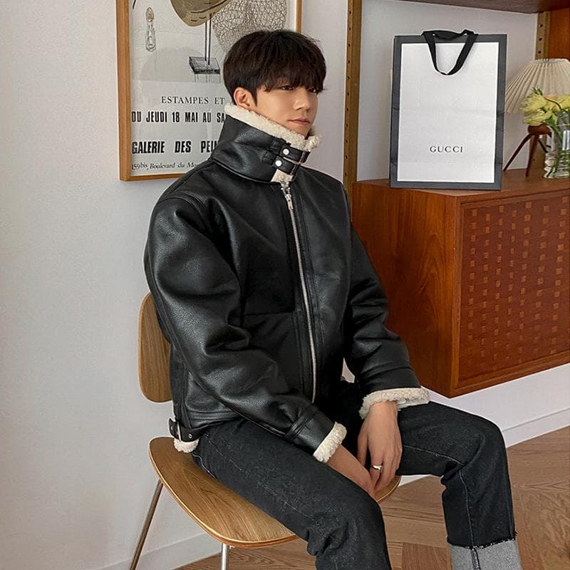 Lamb Fur One-piece Men's Short Fur Collar Leather Jacket Winter Velvet Thickened Leather Jacket 2XL