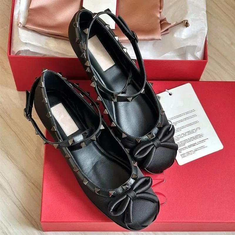 Mary Janes Flats for Women Ankle Strap Slip-on Casual Shoes New Fashion Bowknot Rivet Satin Ballet Shoes Round Toe Dance Shoes 40 black