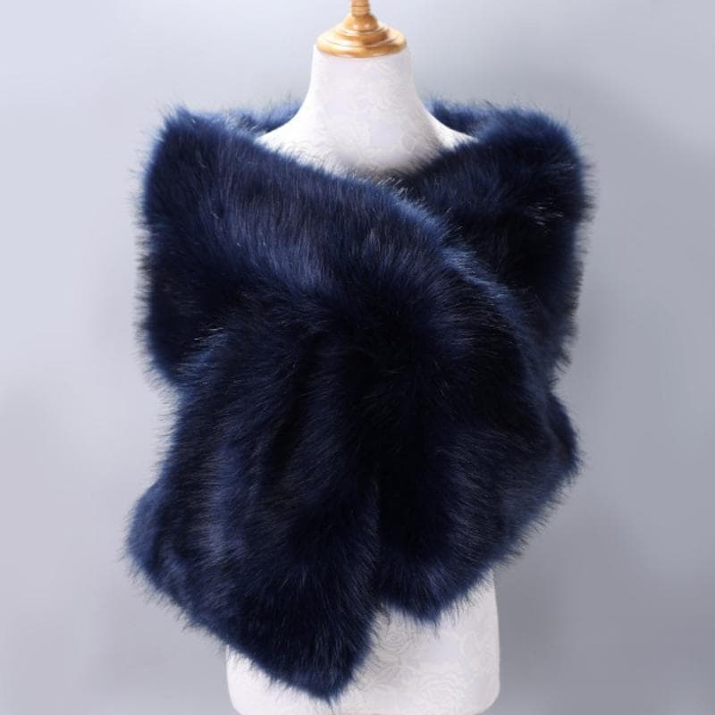 Autumn Winter Luxury Faux Fur Shawl Scarves Ladies Plush Scarf Cover Up For Wedding Party Fur Shrug Long Wrap Cape One Size navy blue