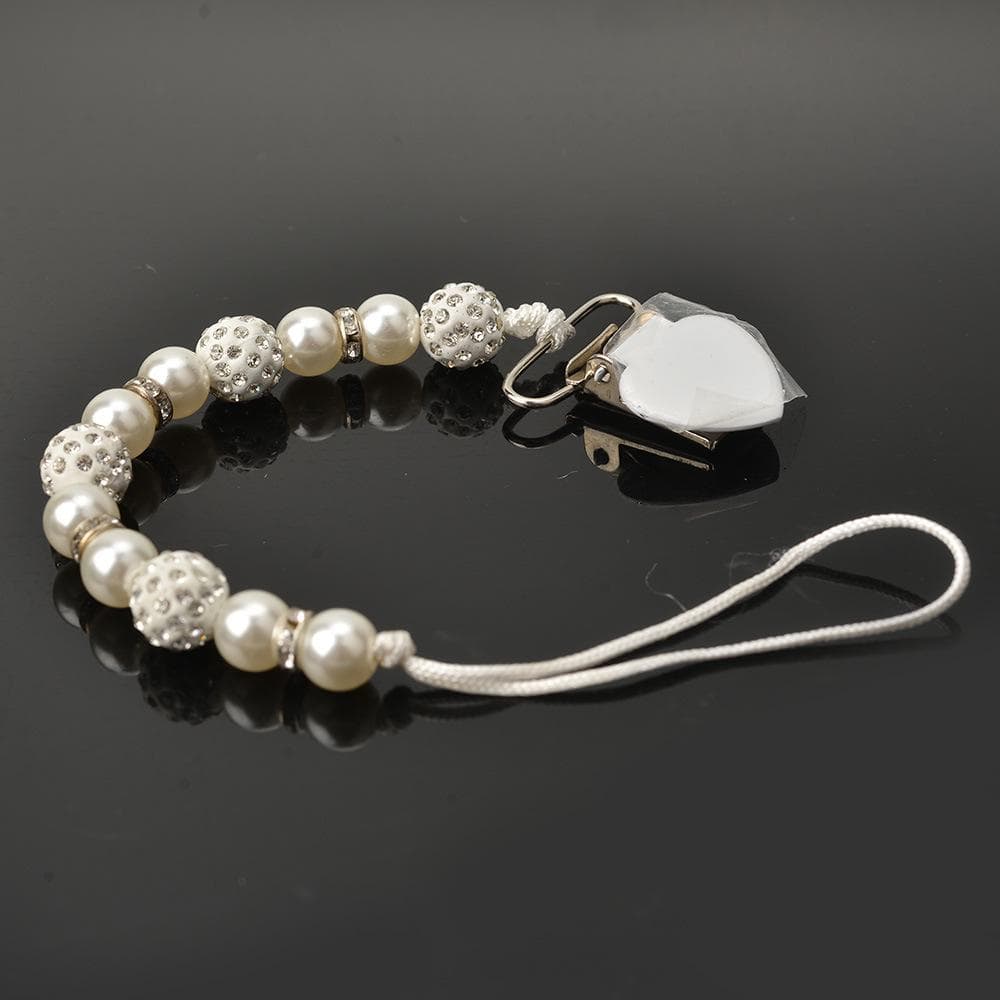 Baby Pacifier Clip Chain Infant Nipple Holder Wooden Beaded Crystal Nipple Leash Strap Metal Pacifier Clips Soother Chain A style white