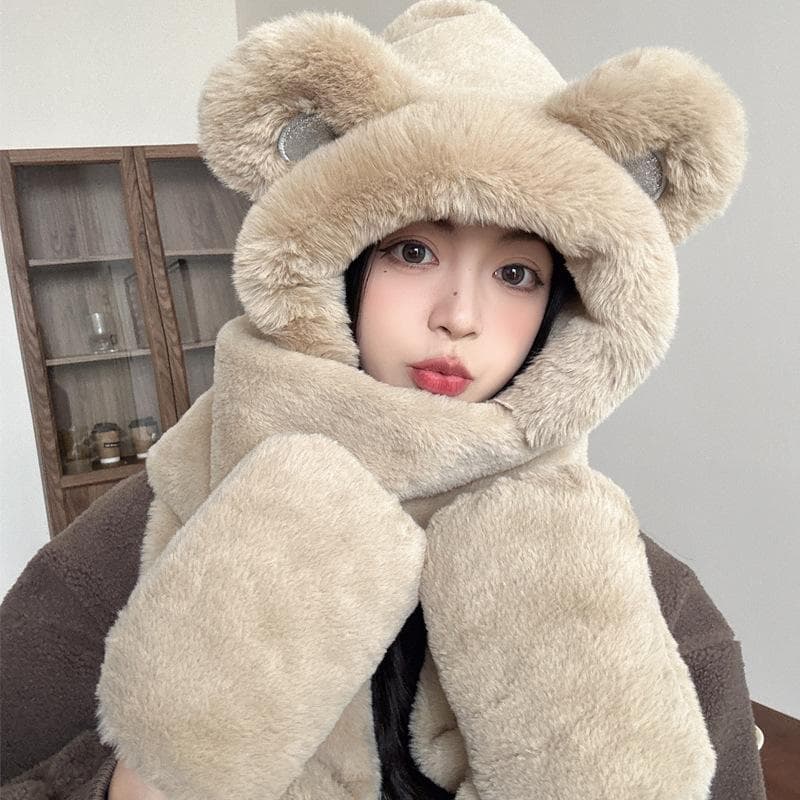 Little Bear Scarf Glove Hat One Piece Women's Winter Warm and Cute Scarf Hoodie Autumn and Winter Plush Hat Set khaki