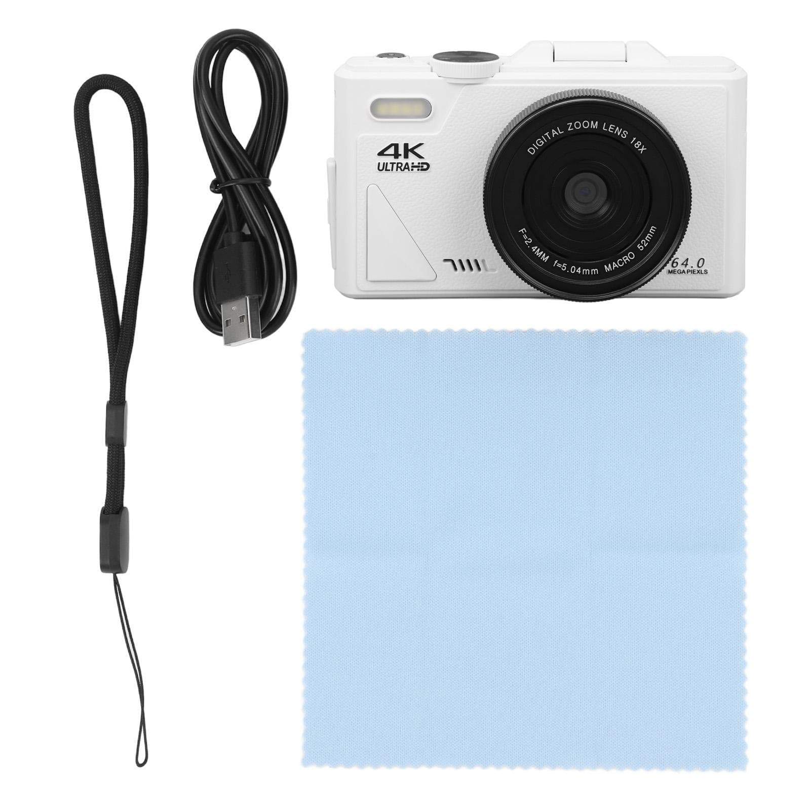 4K Digital Camera 64MP UHD 18X Zoom Autofocus Retro Compact Digital Camera with 3 Inch Flip Screen white