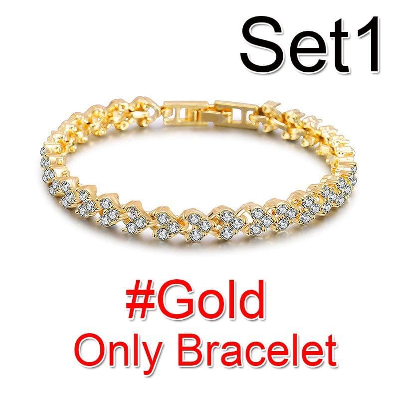 Luxury Diamond Jewelry&Watch Set For Women, Glittering Quartz Watch Bracelet Set, Crystal Necklace Earrings Ring Jewelry Festival Gifts Set 1