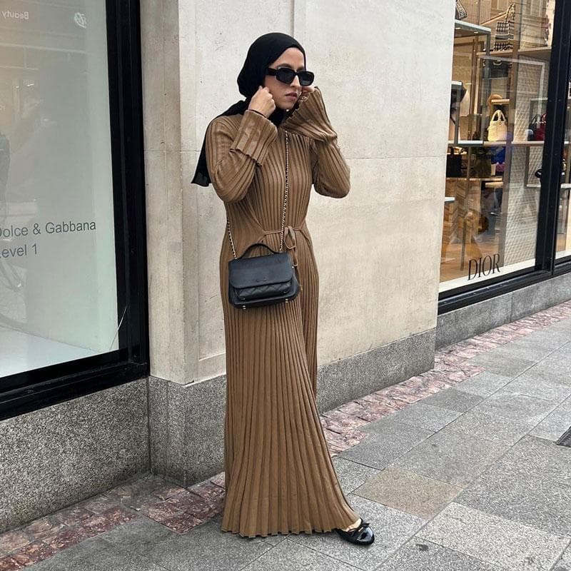 Lace-Up Female Knit Maxi Dress Autumn High Waist Fashion Patchwork Long Sleeve Loose Solid Dress Bandage Knitwear Dress M camel
