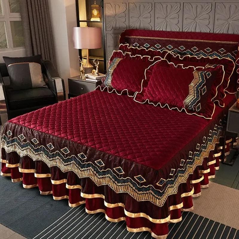 European Vintage Lace Velvet Thicken Bedspread King Size Wedding Quilted Soft Ruffles Bedskirt Set Queen Only 2pcs Pillowcase