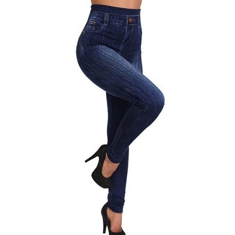 Women Plus Size Pencil Pants Imitation Jeans Denim Pants High Waist Leggings Casual S dark blue