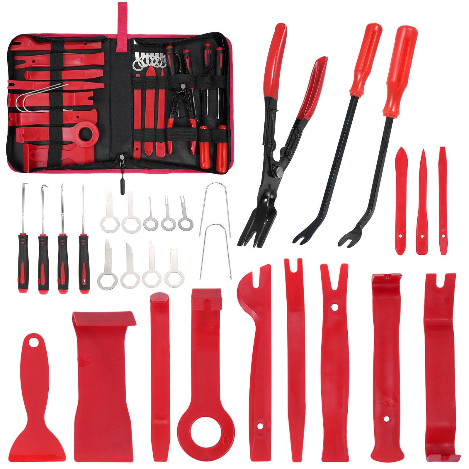 Auto Trim Removal Tool Kit, 42PCS Auto Clip Pliers Fastener Remover Pry Tool Set, Car o Dash glossy PEO + spray PEI red