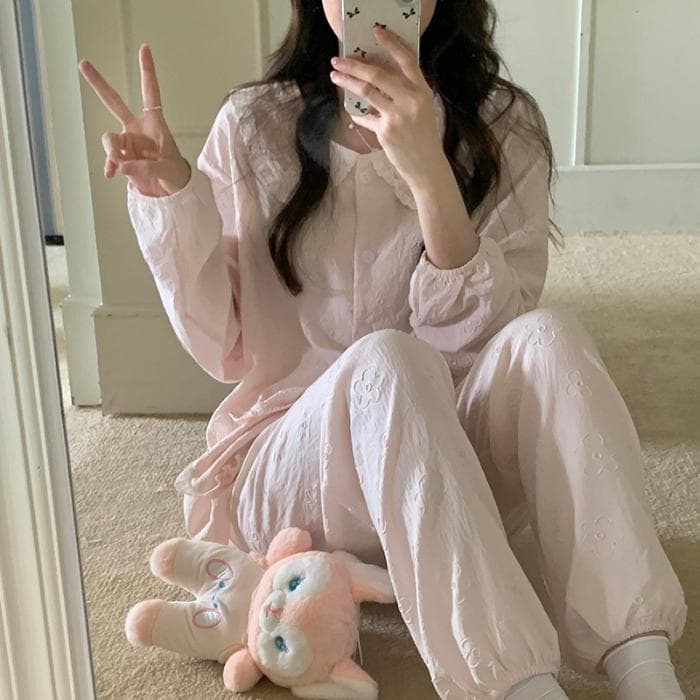 Women's Pajamas Autumn Spring Long Sleeve Soft Sleepwear Set Floral Embroidery Cartoon Pyjama Woman Home Nightwear Set Cardigan XXL