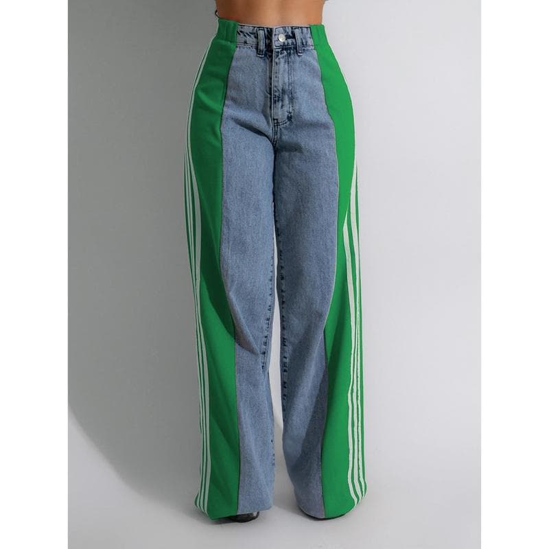 High Waisted Denim Women's Drawstring Elastic Waist, Loose Elastic Denim Straight Leg Pants M green