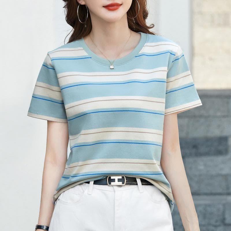Women's Summer New Striped Square Shoulder Short-sleeved T-shirt Loose Half-sleeved Small People Fashion Age Reduction Tops 3XL blue