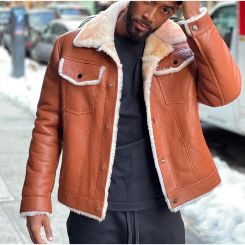 Brown Fur Collar Plush Thickened Men's Leather Jacket 5XL brown