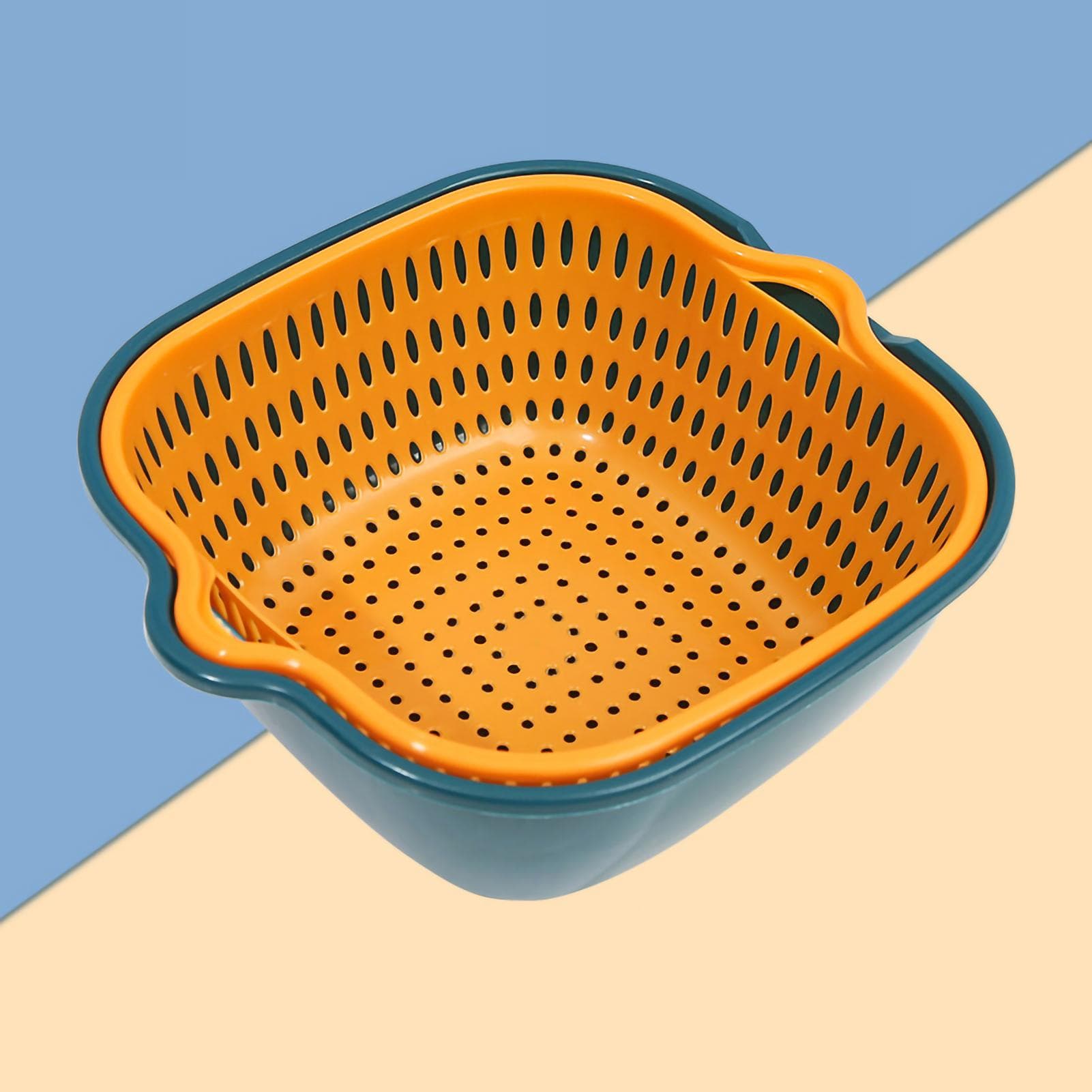 Vegetable Washing Basket Double Layer Drain Quickly Suspend Multifunction Fruit Strainer with Side L yellow/blue