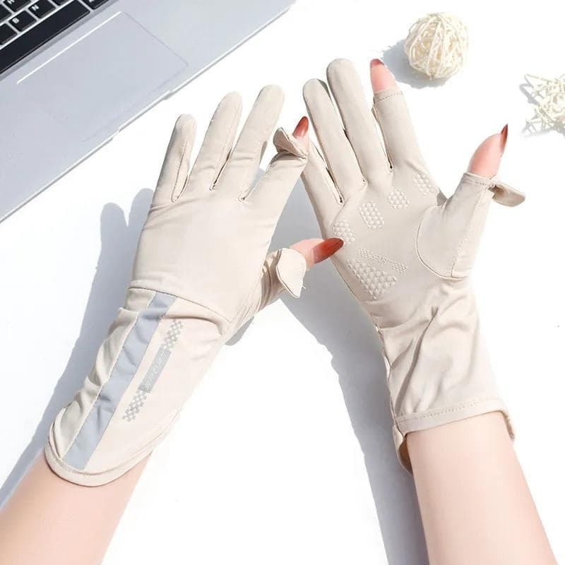 Summer Sunscreen Gloves Women Thin Ice Silk Anti-ultraviolet Finger Touch Screen Driving Riding Non-slip Breathable Gloves beige