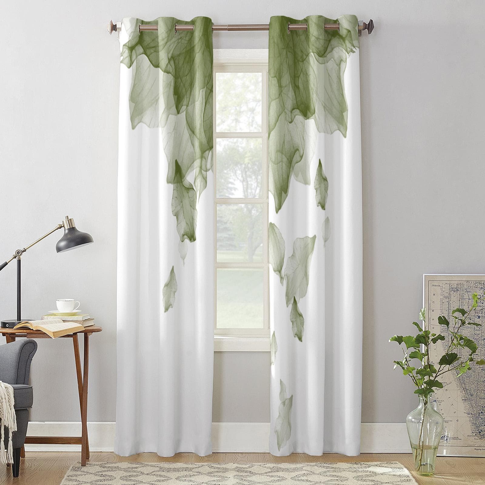 Gradient Floral Sage Green Window Curtains for Living Room Home Bedroom Kitchen Decora Christmas Curtain 135W x 60H(cm) x1