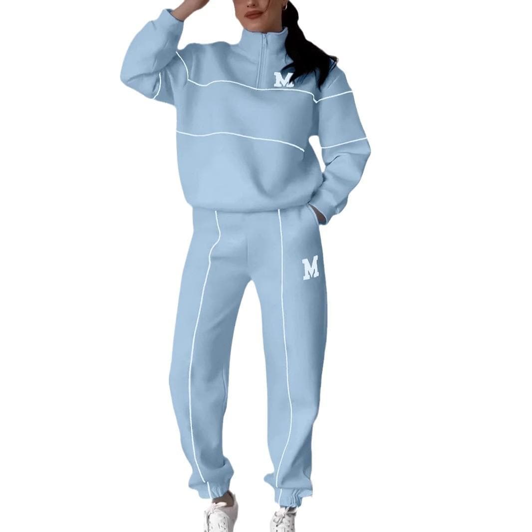 Women's sets sports casual long-sleeved zipper stand collar sweatshirt and trousers two-piece set XL light blue