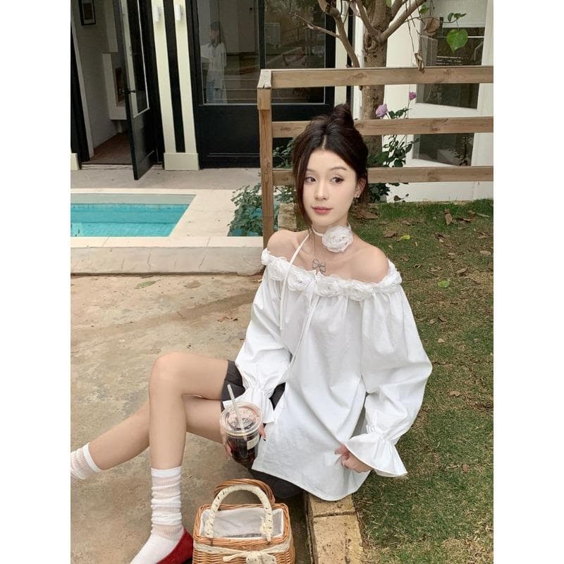 Sweet Girl Style Design Sense Flower One-shoulder Shirt for Women's Spring New Slim White Top 2XL white