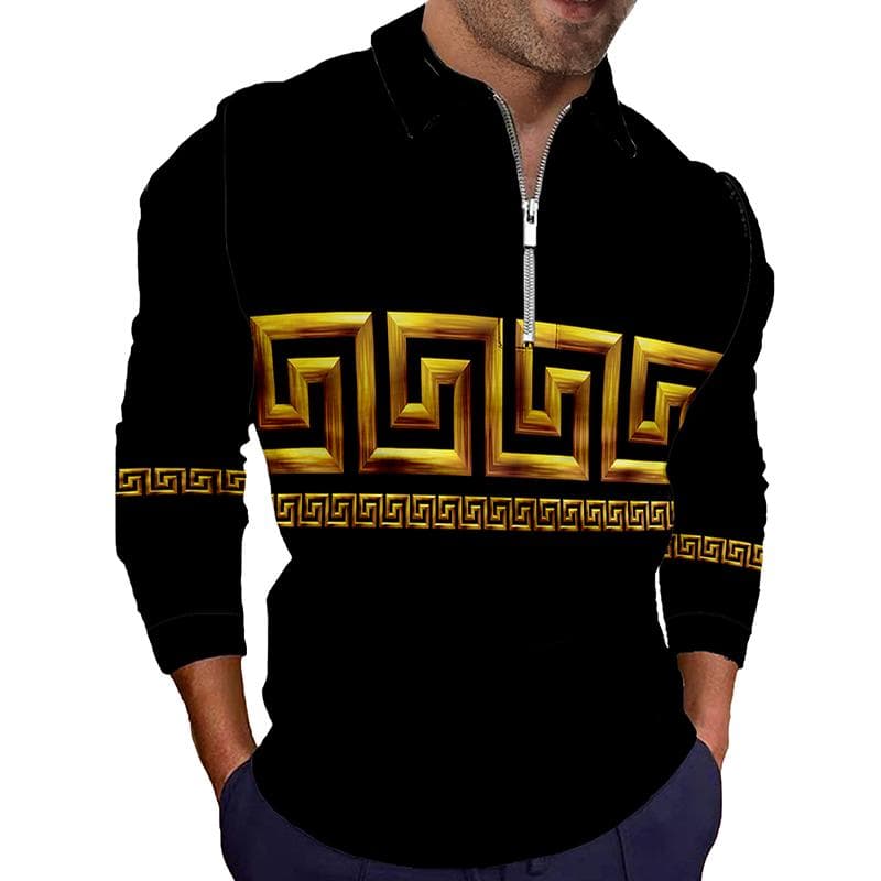 Brand Men Polo Shirt Long Sleeve Shirt 2022 Spring Autumn Golden Pattern Print Casual Fashion Polo Shirt Men S