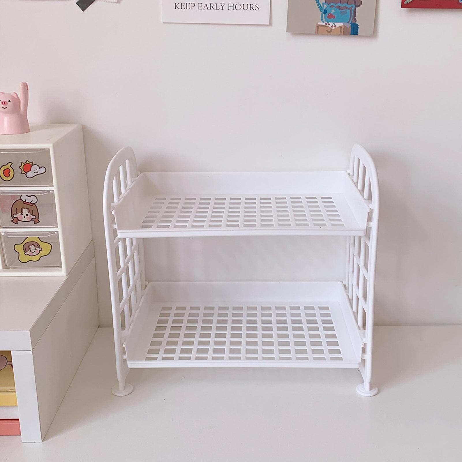 2 Layer Desktop Shelf Side Guardrail Design Foldable Double Layer Stacking Cosmetic Stationery