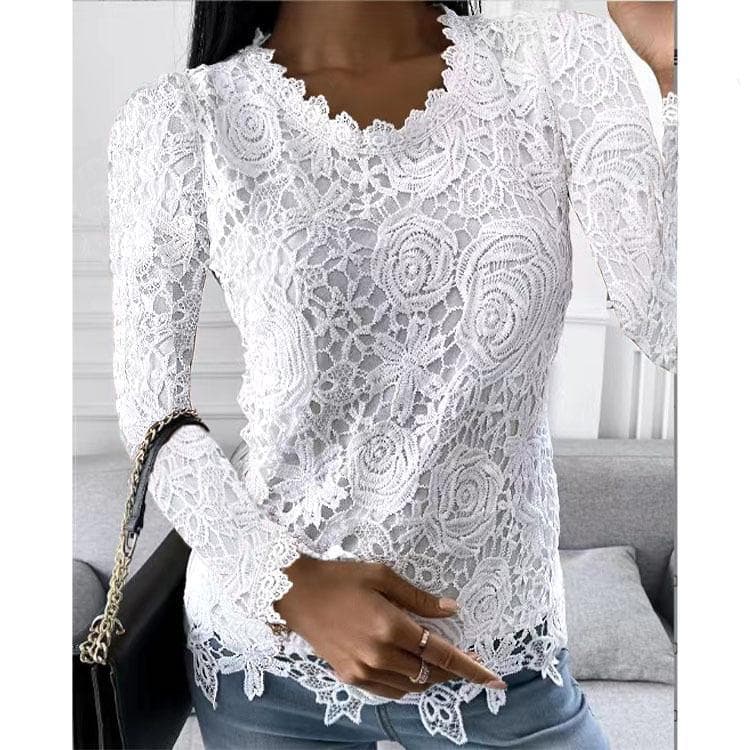 European & American Women's Lace Long Sleeve Tops - Autumn/Winter Collection 4XL white