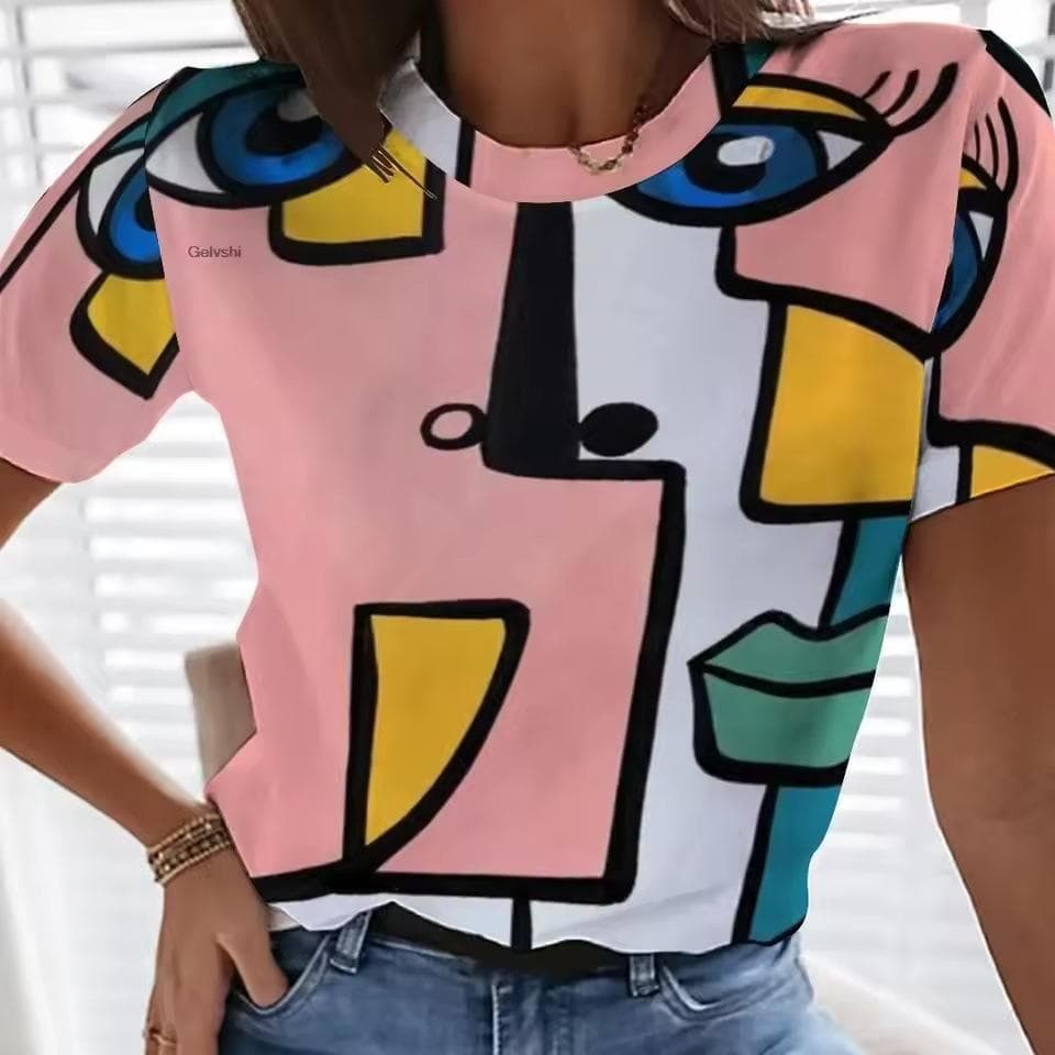Summer Round Neck 3D Picasso's Abstract Painting Print Top Fashionable Casual Short Sleeved Women's T-shirts 2XL