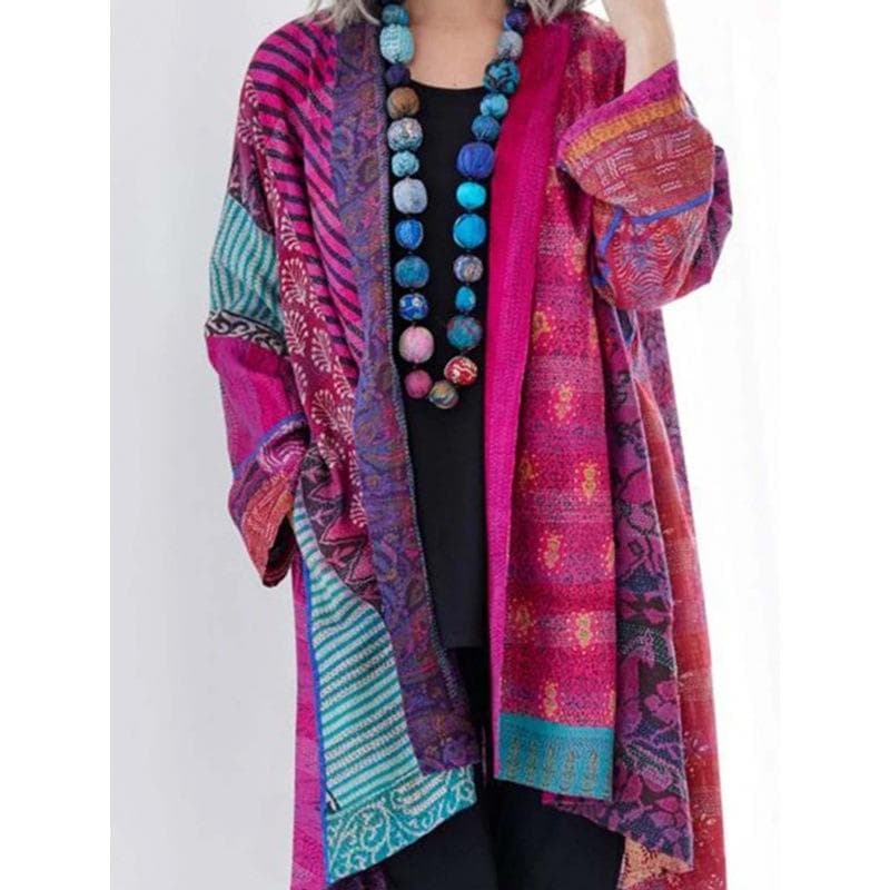 Vintage Cotton Linen Loose Ethnic Style Print Knitted Cardigan Large Size Long Sleeve Coat Autumn Winter Retro Women's Sweater XXXXXL rose red