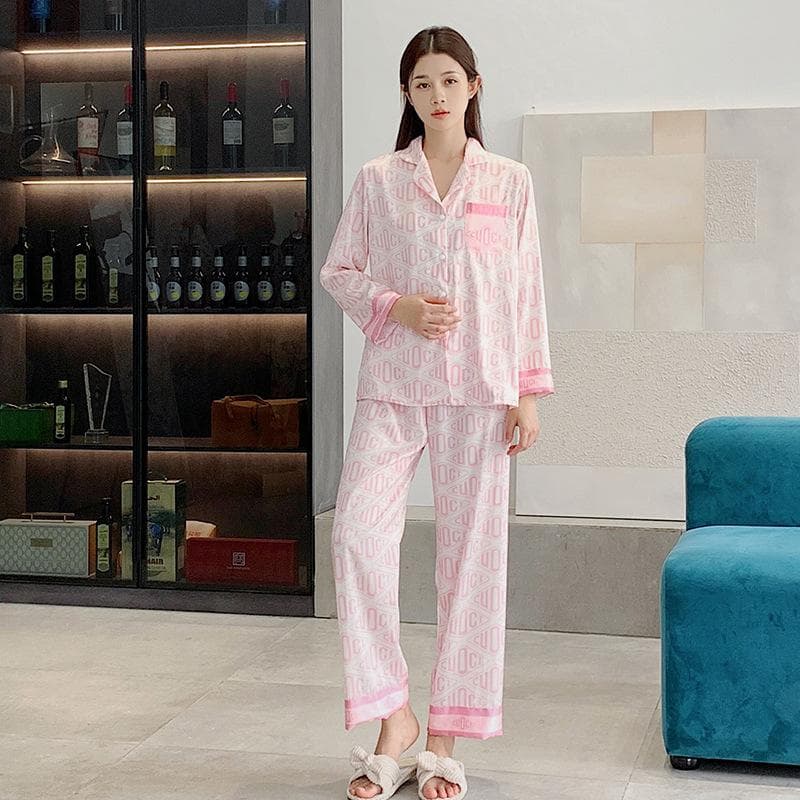Spring and Summer Thin Home Clothes Women's Ice Silk Long Sleeve Suit European and American Style Spring and Autumn Pajamas XL pink